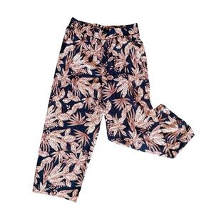 Nicole Miller Blue Tropical Leaf Print Linen Pants Size Medium